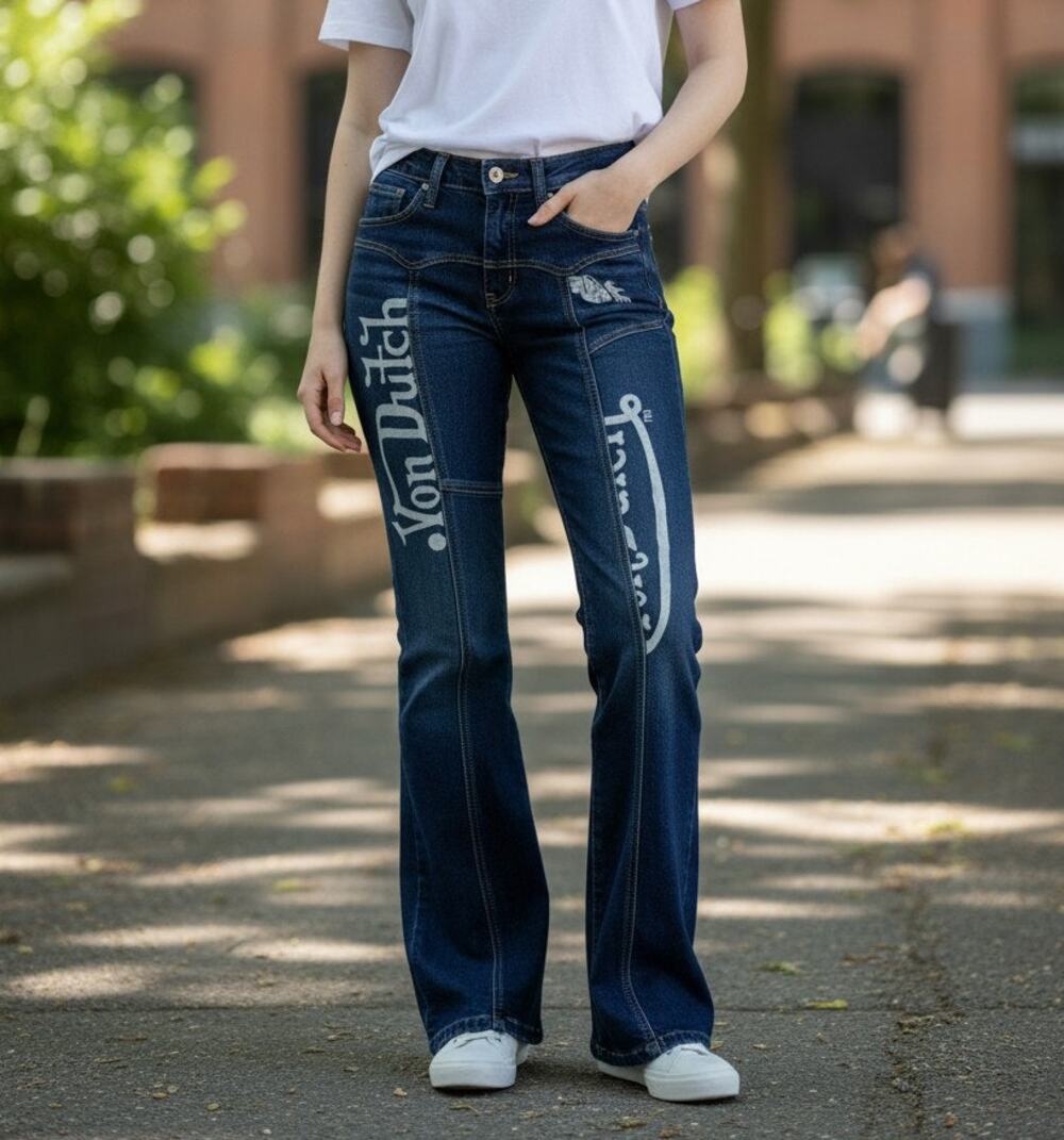 Von Dutch Original Flared Jeans Women's 3 Blue Graphic Logo Print Denim 5-Pocket